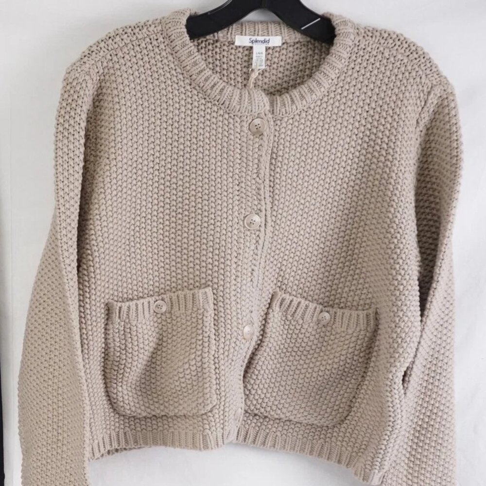 Splendid Andrea Textured Knit Patch Pocket Cropped Cardigan Boxy Fit Versatile